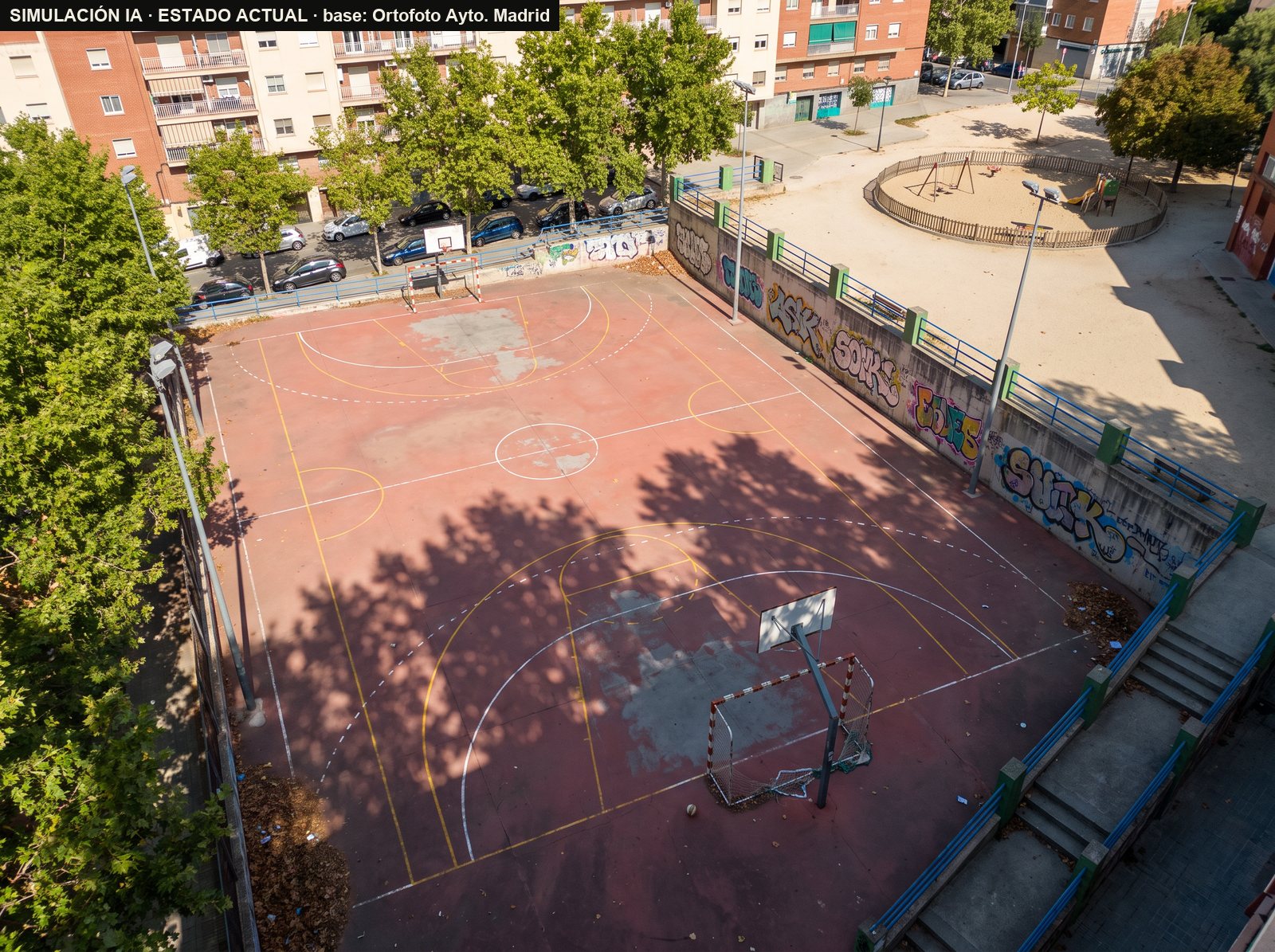 La pista de Virgen de la Paz hoy: hundida, muros con grafitis, sin redes, pintura gastada (simulación IA)
