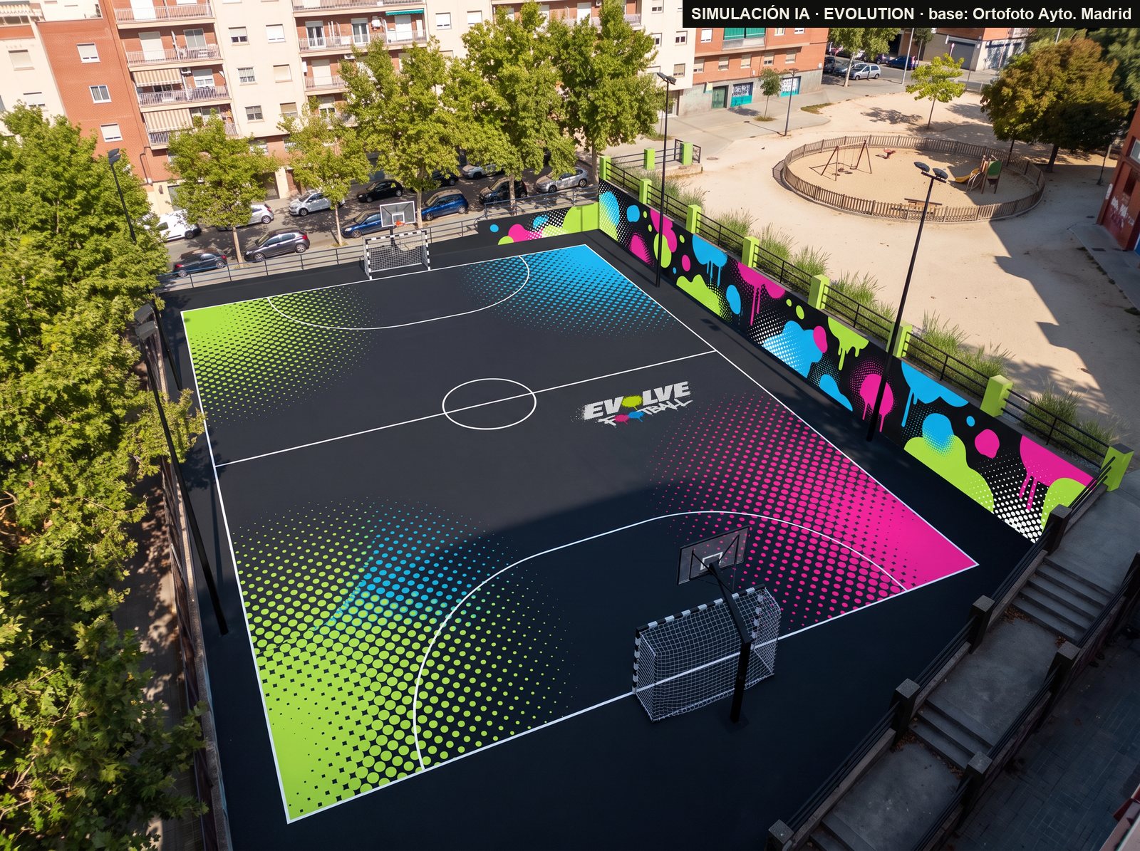 EVOLUTION de la pista de Virgen de la Paz: suelo de resina negra con los puntos halftone y el logo de EVOLVE, mural en spray, redes nuevas (simulación IA)